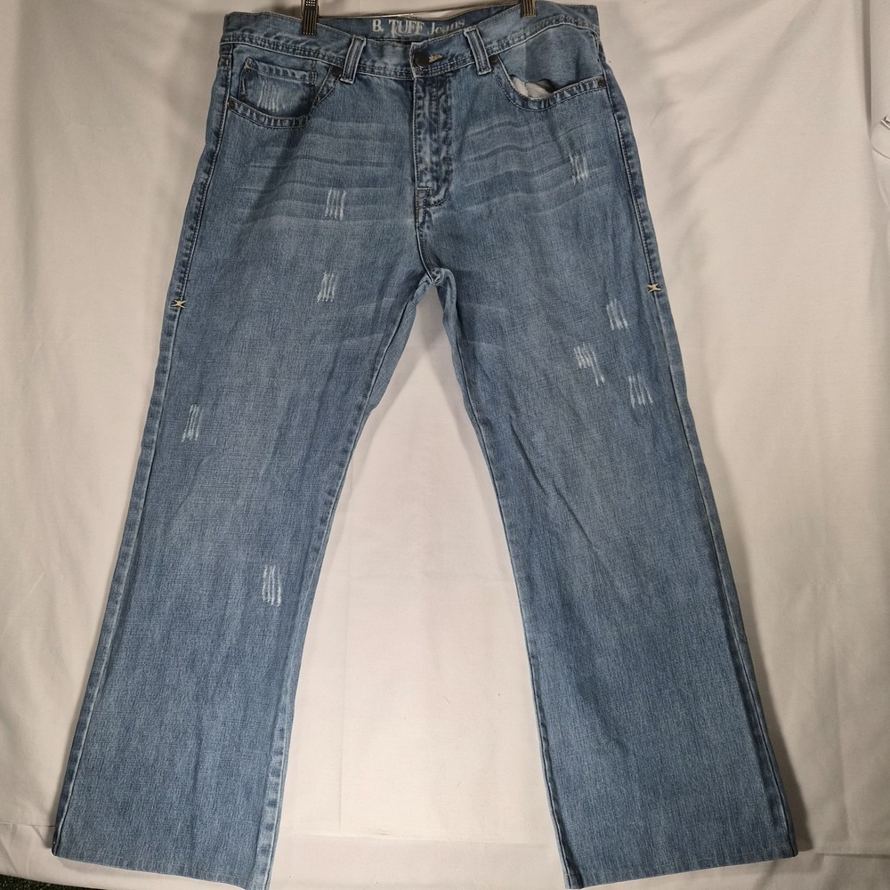 Y2k B. Tuff Jeans Mens 38x30 Light Wash Bootcut Western Distressed Denim Jeans
